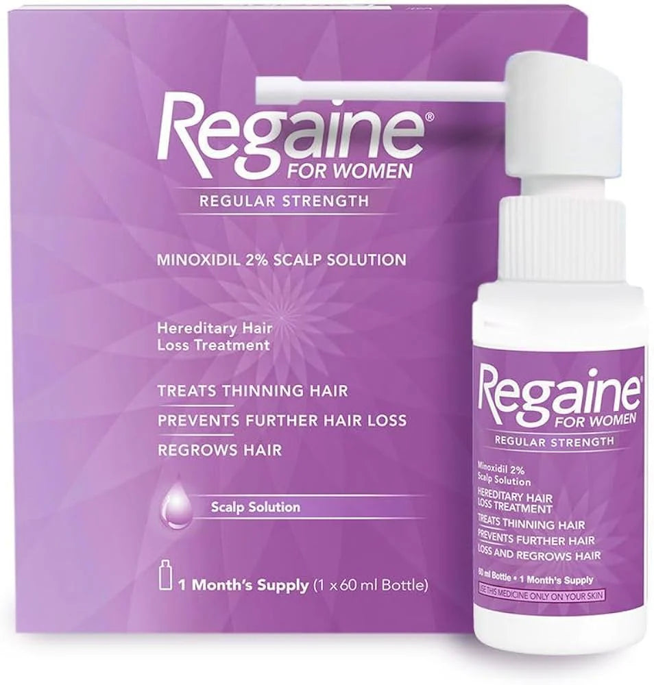 Regaine for Women solution in a 60ml bottle, clear liquid hair regrowth treatment for women.