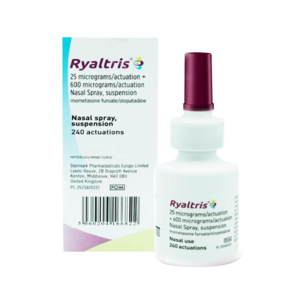 Ryaltris nasal spray bottle with nozzle, displaying the Ryaltris brand name, used for allergy relief and nasal treatment.