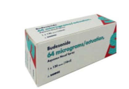Budesonide aqueous nasal spray 64mcg in a Cured Pharmacy bottle, designed for allergy relief and nasal inflammation treatment.
