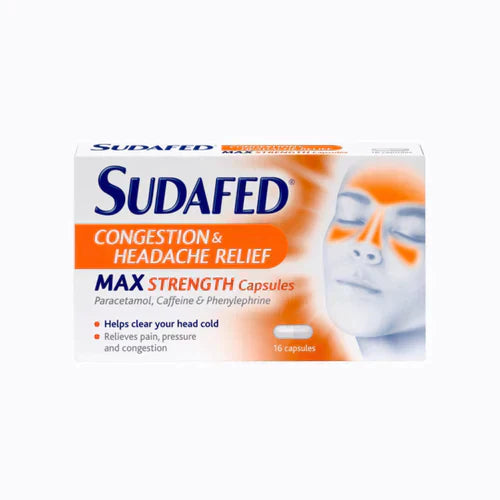 Sudafed Congestion & Headache Relief Max Strength – 16 Capsules