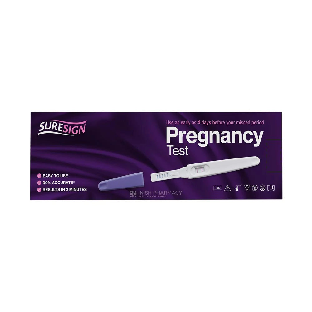 CuredPharmacy Suresign 6-day early midstream pregnancy test showing the test strip with two lines indicating a positive result