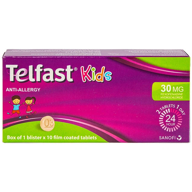 Telfast Children's 30mg antihistamine tablets, 60 tablets in a blister pack, designed for allergy relief in kids.