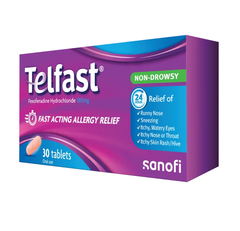 Telfast antihistamine tablets 180mg pack with 30 tablets, showing the blister pack and product packaging.