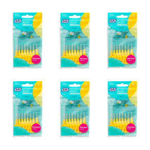 Set of six TePe Interdental Brushes Original Yellow, compact dental cleaning tools for effective plaque removal between teeth.