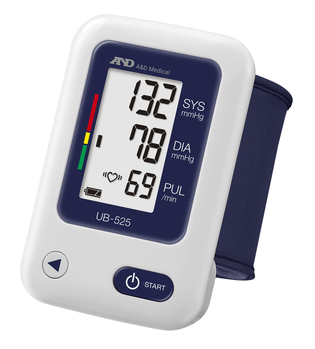 A&D Medical UB-525 wrist blood pressure monitor with cuff displayed, showcasing its compact design suitable for home use.