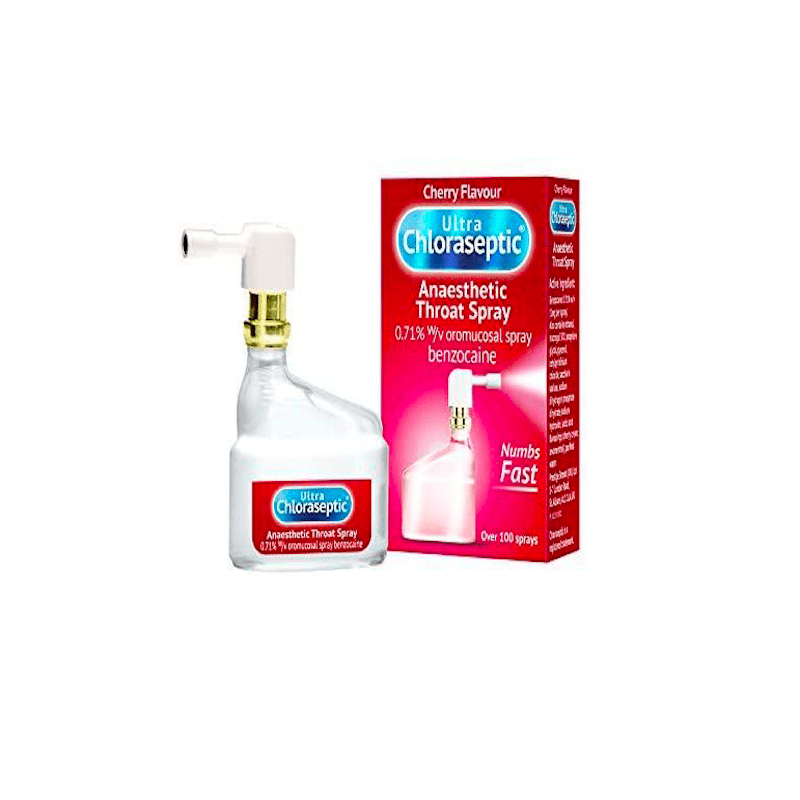 Ultra Chloraseptic cherry throat spray in a 15ml bottle, designed for sore throat relief with anaesthetic properties.
