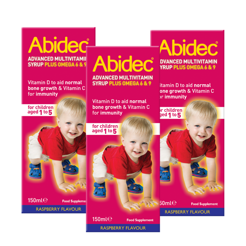 Abidec Advanced Multivitamin Syrup Plus Omega 6 & 9, 150ml bottle with label showing vitamins and omega oils.