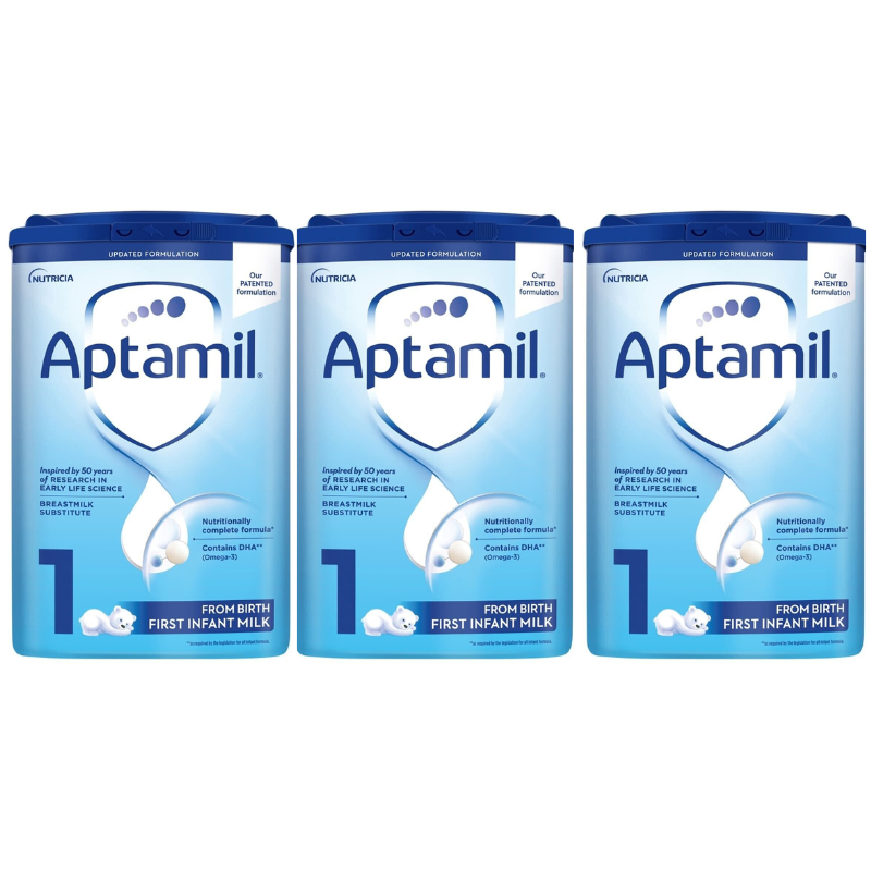 Aptamil 1 first infant milk formula in an 800g package, designed for newborns, displayed with the product packaging and label.