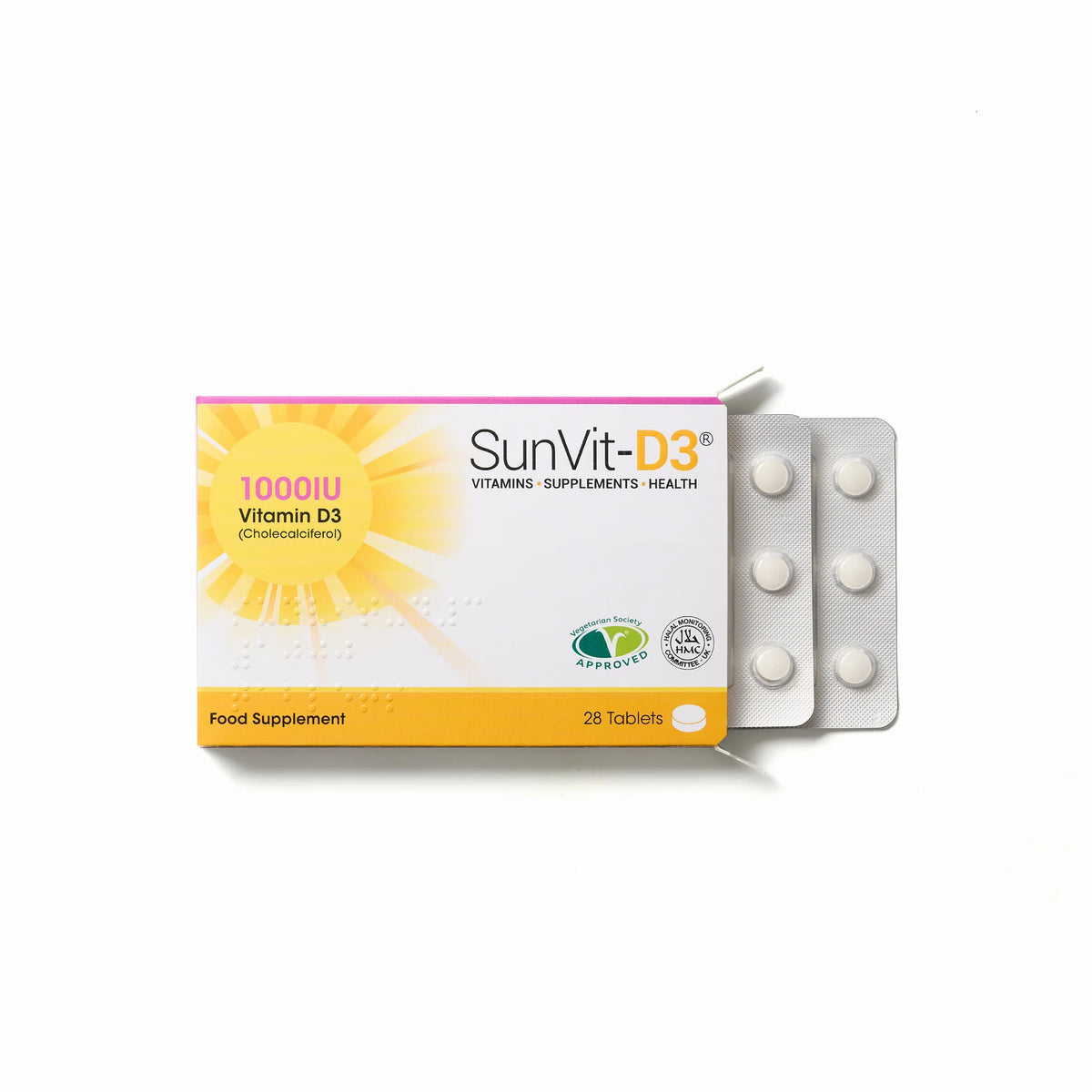 Open bottle of SunVit-D3 1000IU Vitamin D3 tablets by Cured Pharmacy, showing white capsules inside.
