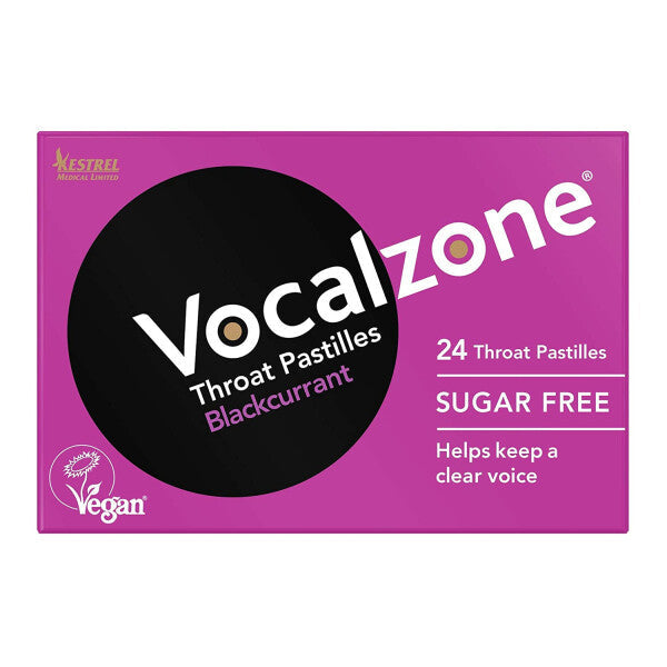 Vocalzone Blackcurrant Sugar-Free Throat Pastilles pack showing 24 blackcurrant-flavored throat lozenges in a box