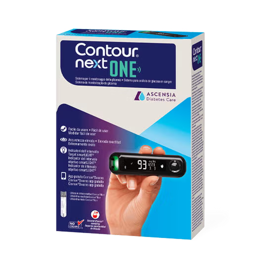 Contour Next ONE blood glucose monitoring system by Cured Pharmacy with test strips and digital display in a compact device.
