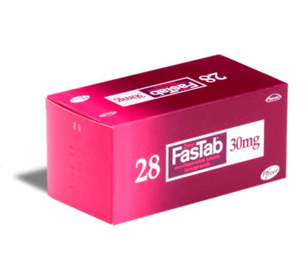 Cured Pharmacy Zoton Fastabs 30mg tablets, orange packaging, showing blister pack of acid reducer medication for stomach relief