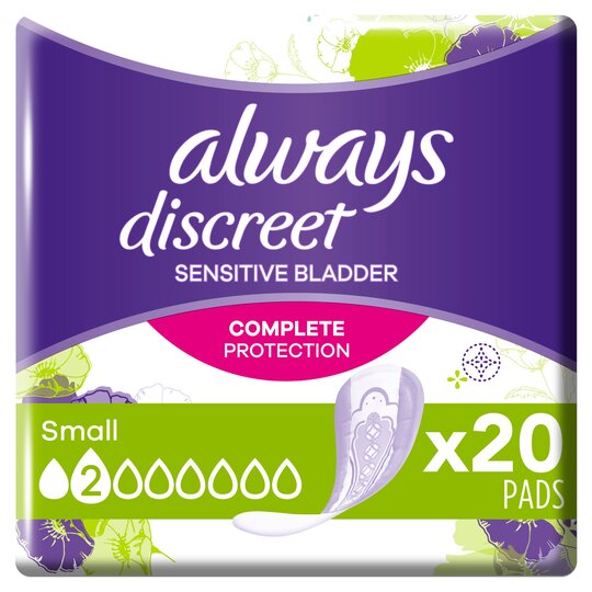 Always Discreet Pads Small, pack of 20, showing a box of discreet, small-sized feminine pads for light protection.