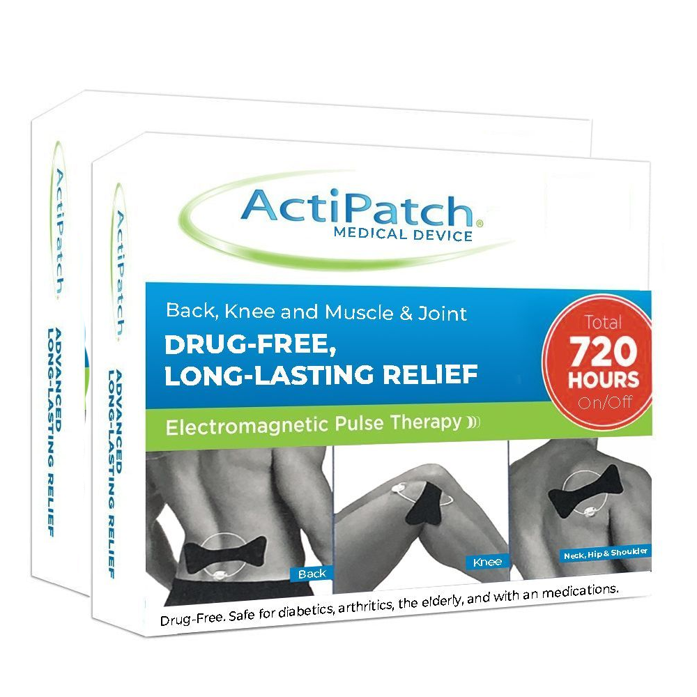 Two Cured Pharmacy Actipatch therapy devices for back, knee, and muscle joint pain relief shown in the image.
