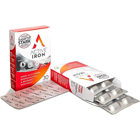 Active Iron 30 capsules by Cured Pharmacy, dietary supplement bottle with capsules visible in the image.