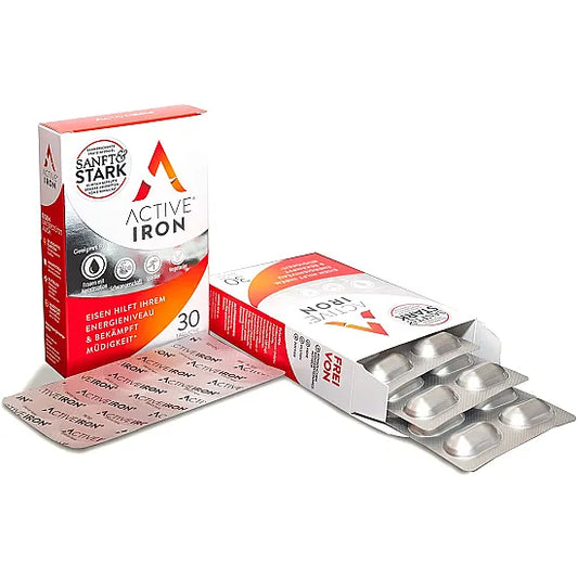 Active Iron 30 capsules by Cured Pharmacy, dietary supplement bottle with capsules visible in the image.
