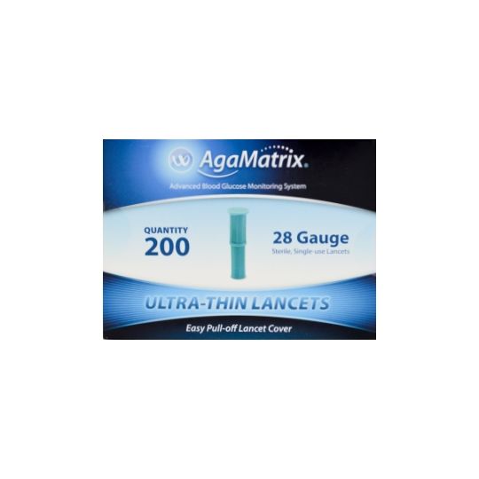 AgaMatrix Ultra-Thin 28-Gauge Lancets for blood sampling, shown in a box with 200 sterile lancets.