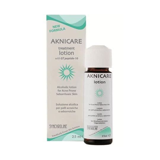 Aknicare Lotion 25ml bottle by CuredPharmacy, featuring the white and blue label and clear cap, on a plain background.