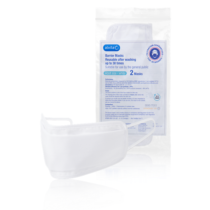 Alvita Barrier Face Mask for adults by Cured Pharmacy, two-pack, showing the protective mask with adjustable ear loops.