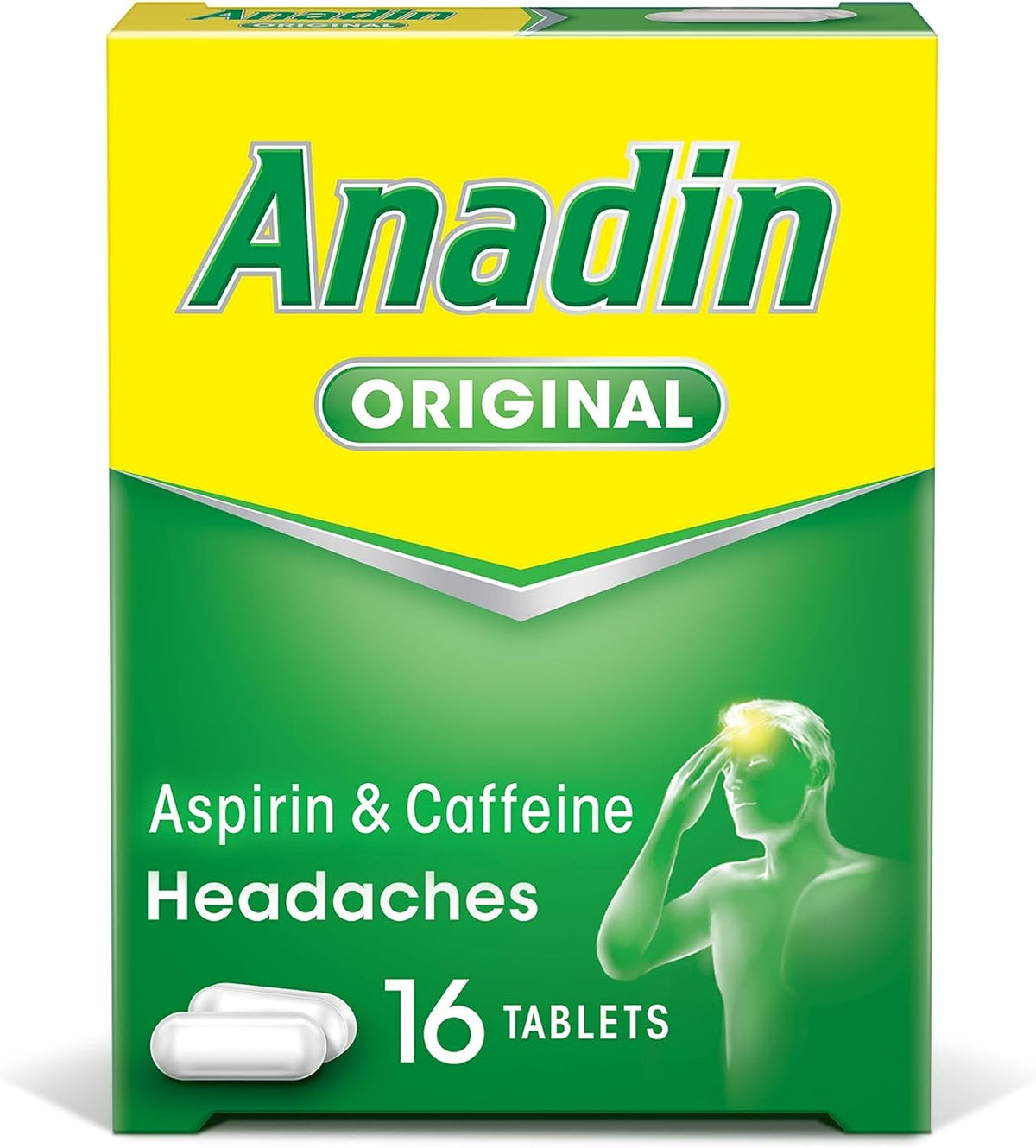 Anadin Original Pain Relief Tablets 16 pack, showing blister pack with white tablets for headache and pain relief.