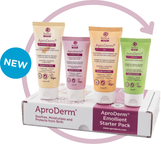 AproDerm Emollient Starter Pack with skincare creams and lotions for dry and sensitive skin, displayed in the packaging.