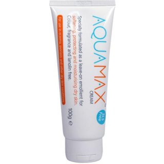 AquaMax Cream by Cured Pharmacy in a 100g container, suitable for psoriasis and eczema, shown in a white jar with label.