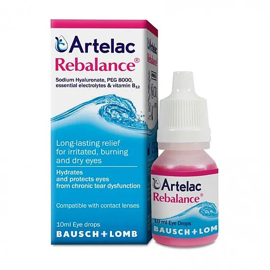 Artelac Rebalance Eye Drops 0.32% in 10ml bottle, designed to soothe and hydrate dry, irritated eyes.
