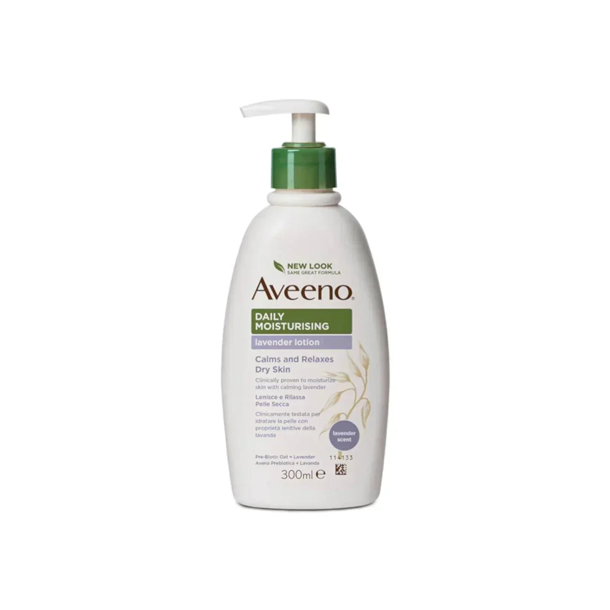 Aveeno Daily Moisturising Body Lotion with Lavender aroma in a 300ml bottle, showing the lotion and lavender scent.