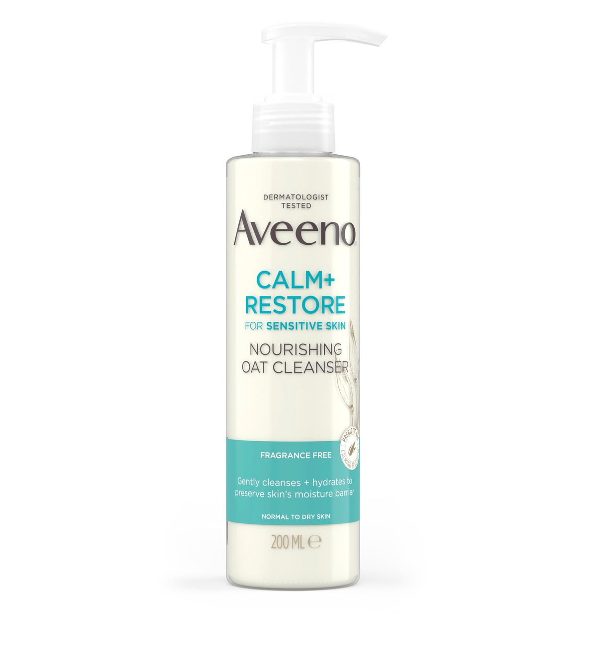 Aveeno Calm & Restore Nourishing Oat Cleanser bottle with white pump dispenser and light blue label, 200ml size.