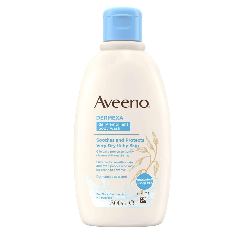 Aveeno Dermexa Daily Emollient Body Wash in 300ml bottle, featuring a white and blue label with gentle, moisturizing formula