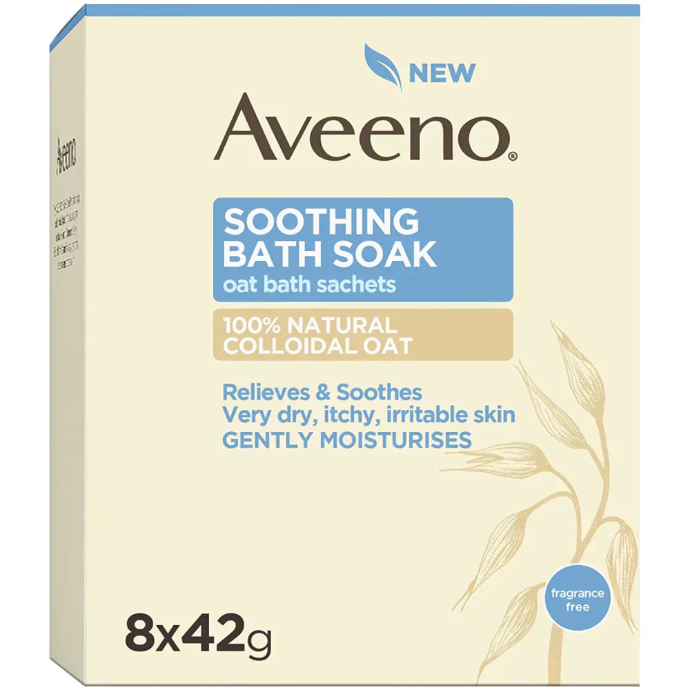 Aveeno Dermexa soothing oat bath soak sachets, 8-pack, showing individual 42g sachets with oats and calming ingredients.