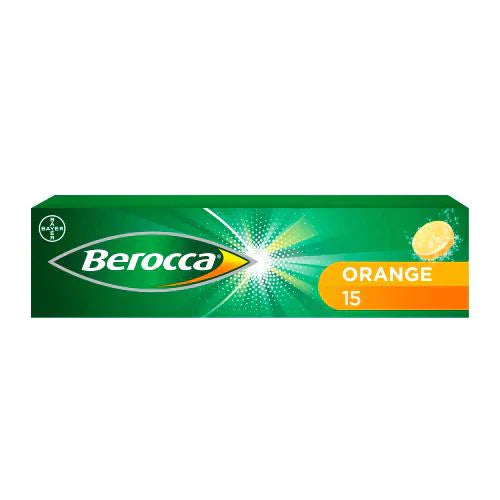 Berocca Orange Energy Vitamins from Cured Pharmacy showing a box of effervescent tablets with orange flavor and bright packaging.