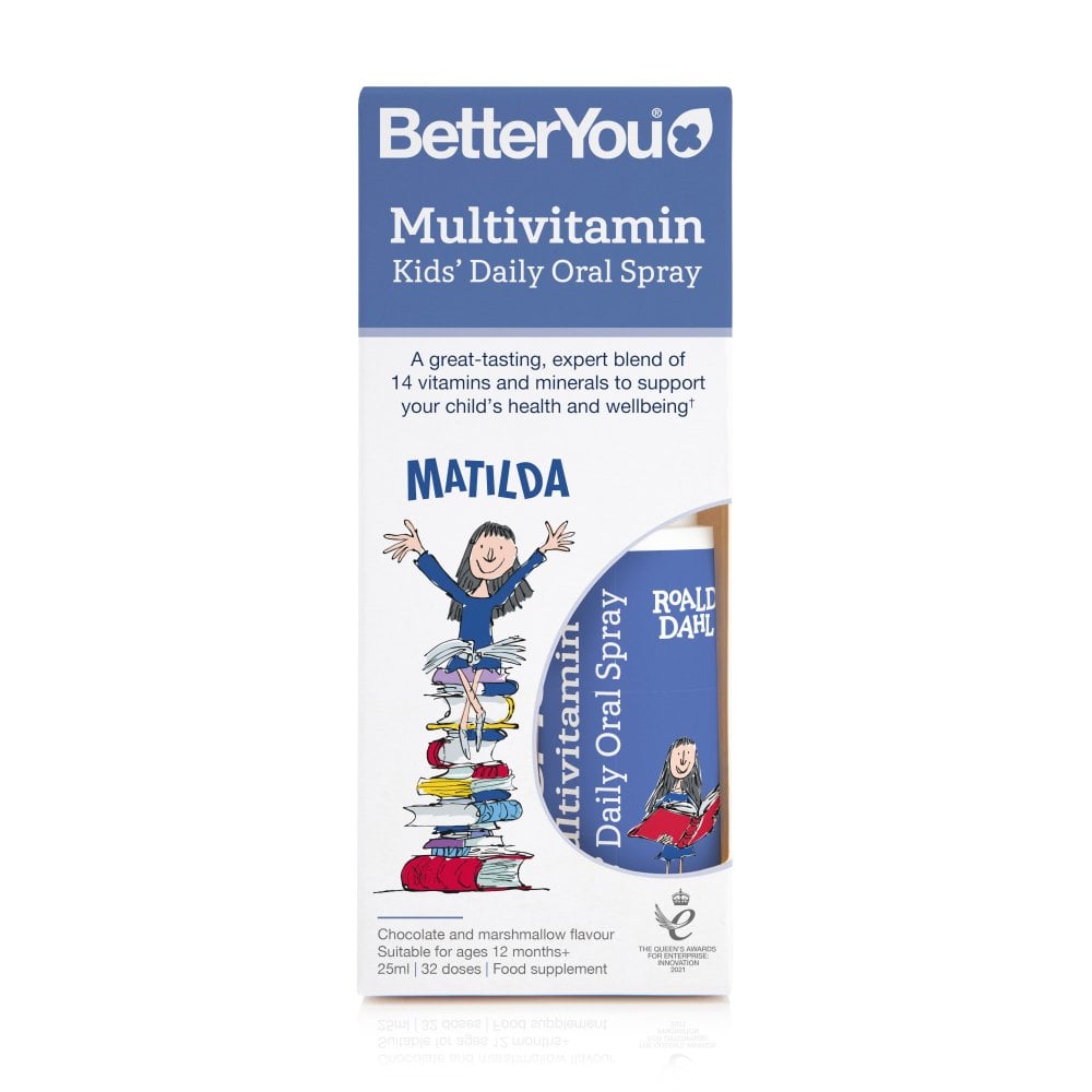 BetterYou Multivitamin Kids daily oral spray bottle, 25ml, with colorful packaging and child-friendly design.