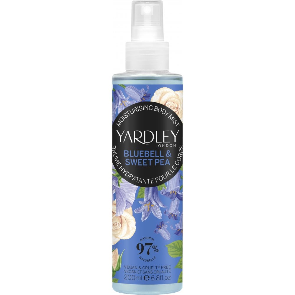 Yardley Bluebell & Sweetpea Body Mist in 200ml bottle with floral bluebell and sweetpea design on the label.