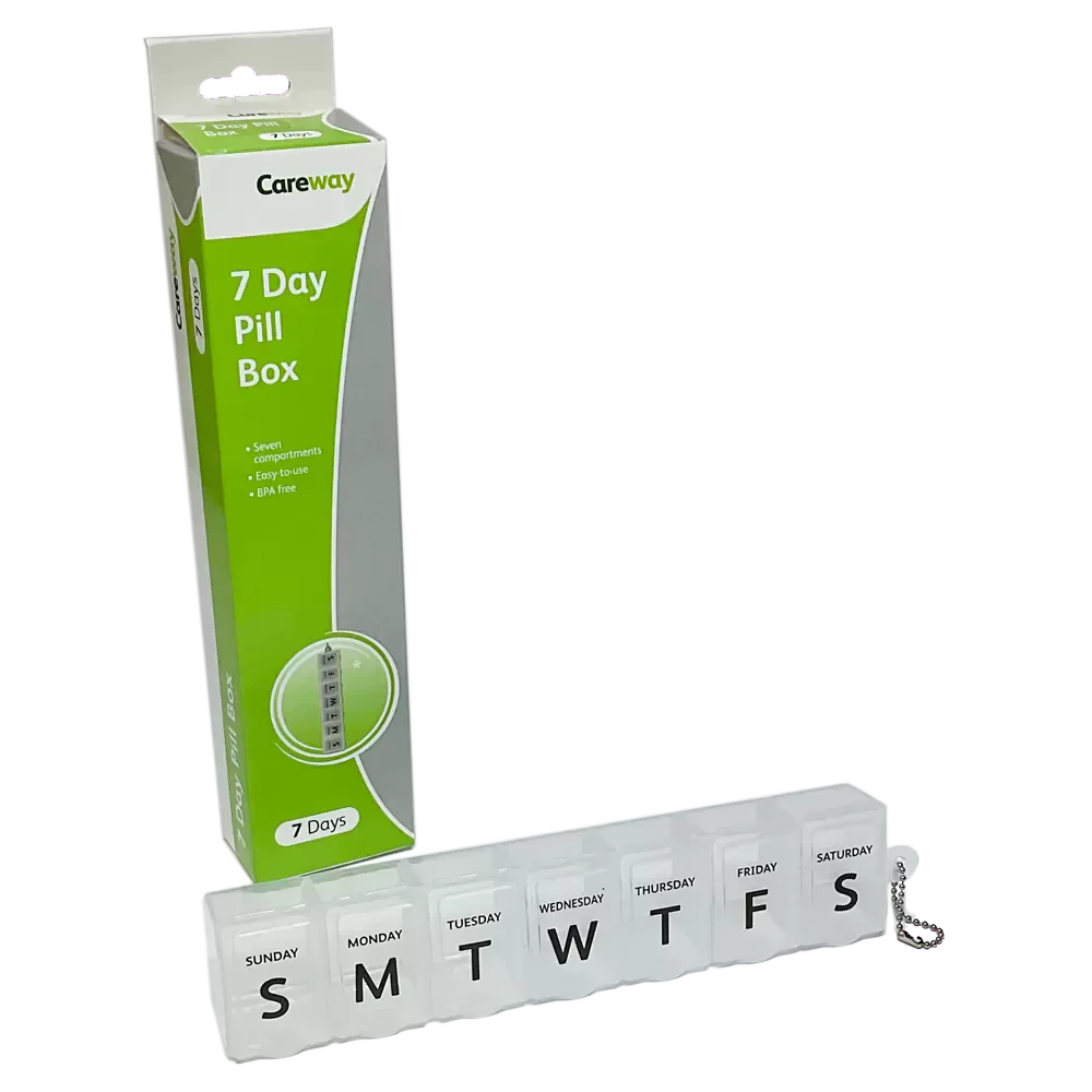 Careway 7 Day Spring Loaded Pill Box from Cured Pharmacy with individual compartments for daily medication storage.