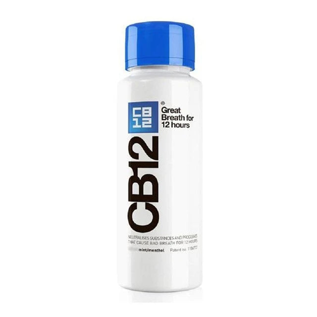 CB12 Blue Mint-Menthol Mouthwash in 250ml bottle, featuring fresh mint and menthol flavor for oral freshness and hygiene.