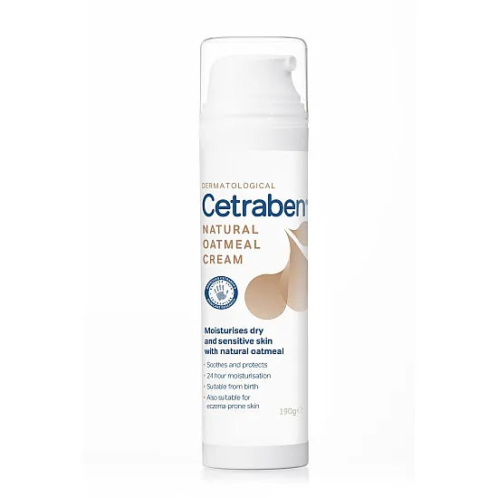 Cetraben Natural Oatmeal Cream in 190g jar, creamy moisturizer for sensitive skin, with oatmeal visible in the product image.