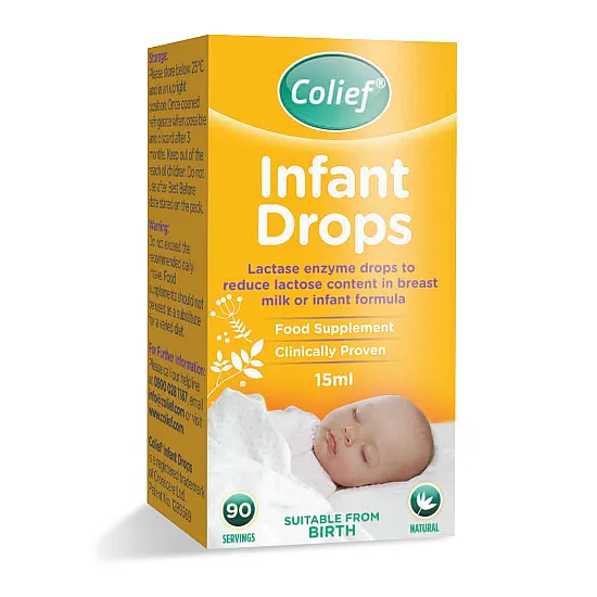 CuredPharmacy Colief Lactase Enzyme Infant Drops in 15ml bottle, clear liquid drops with packaging background.