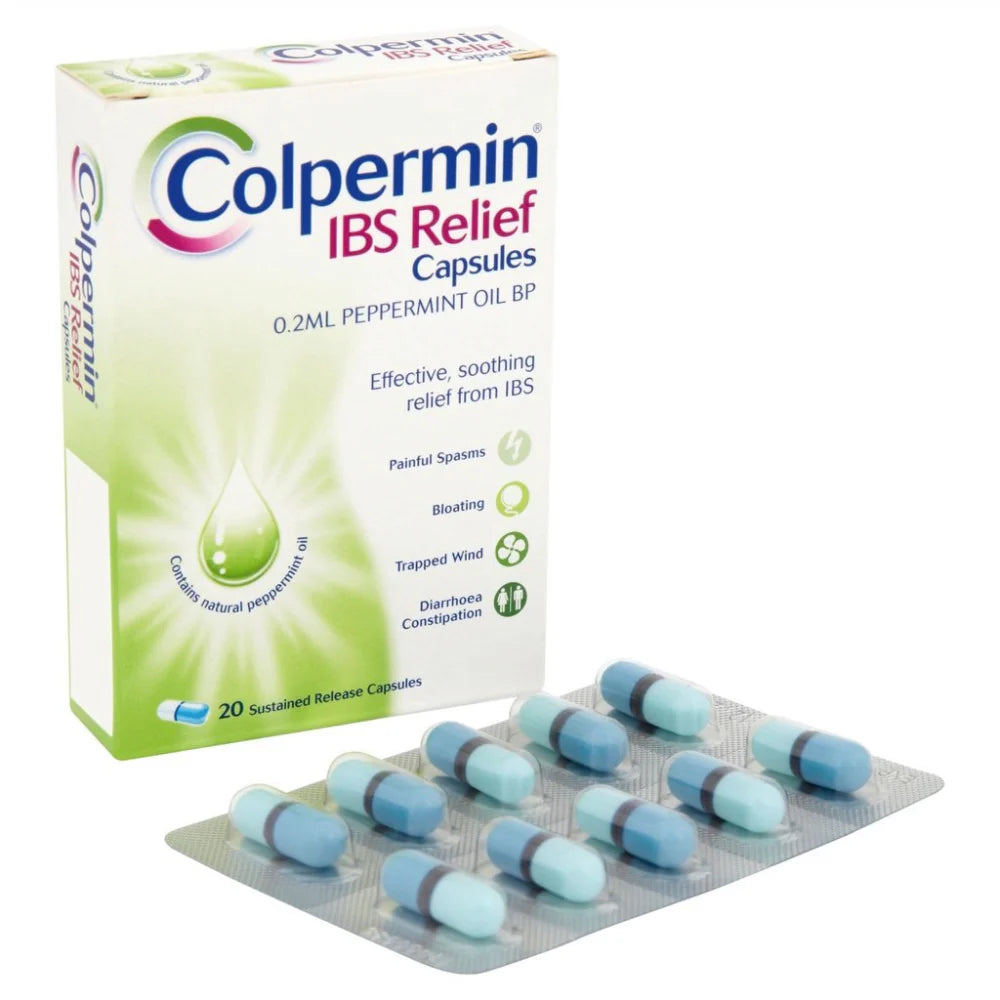 Cured Pharmacy Colpermin IBS relief capsules in a blister pack, designed to soothe digestive discomfort.