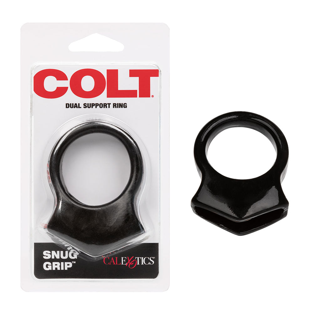 Close-up of COLT Snug Grip firearm grip showing textured rubber surface for secure handling.