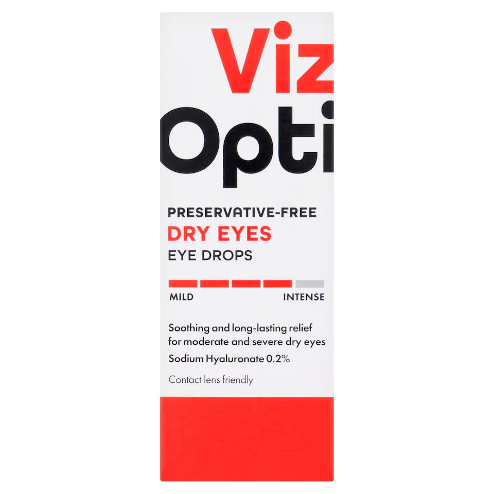 VizOpti Dry Eyes preservative-free eye drops in a 10ml bottle, designed to soothe and lubricate dry, irritated eyes.