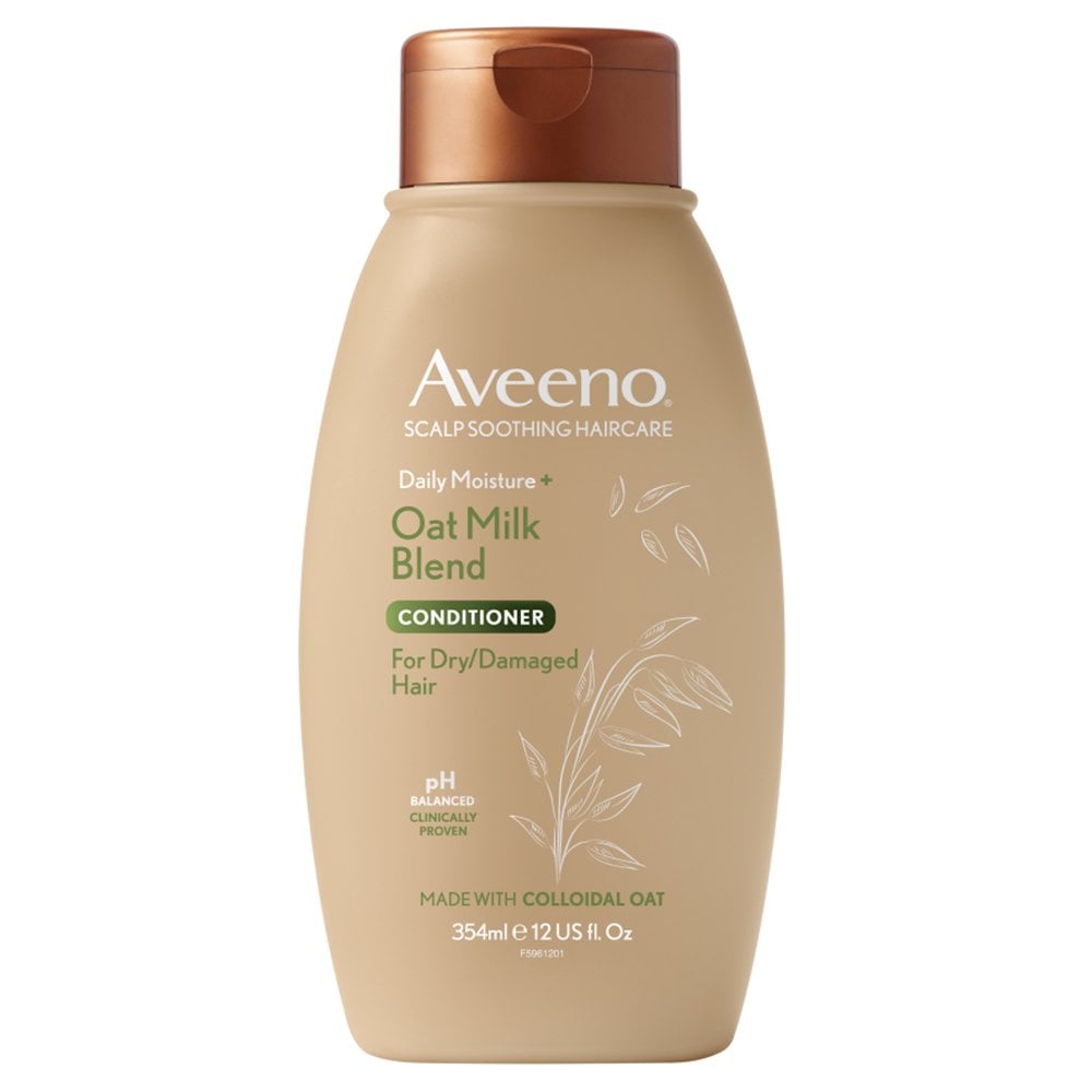 Aveeno Daily Moisture+ Oat Milk Blend Conditioner in 354ml bottle, showing the product label and packaging details.