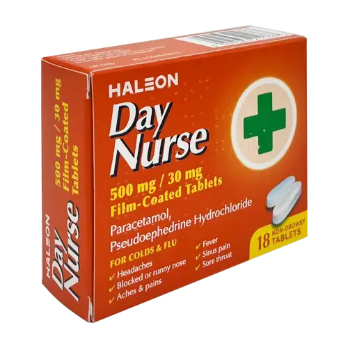 Day Nurse Tablets by Haleon, pack of 18, showing a blister pack of daytime cold and flu relief tablets.