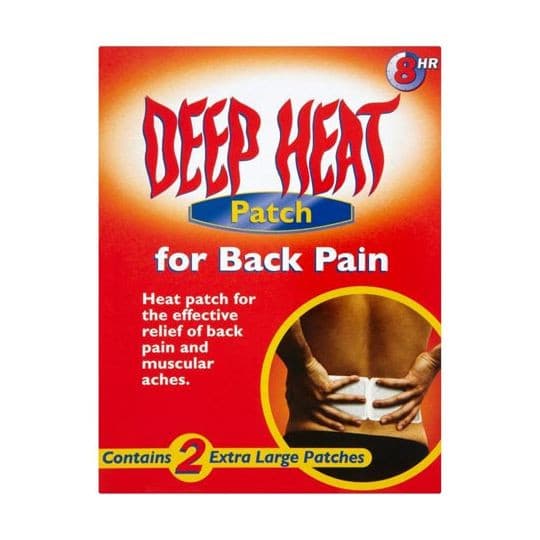 Deep Heat Patch for Back Pain, 2-pack from My Store, shown on a person's lower back for targeted heat therapy.