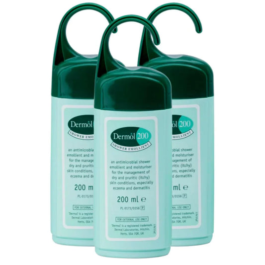 Creamy Dermol 200 Shower Emollient in 200ml bottle, designed for gentle skin moisturizing and soothing during shower use.