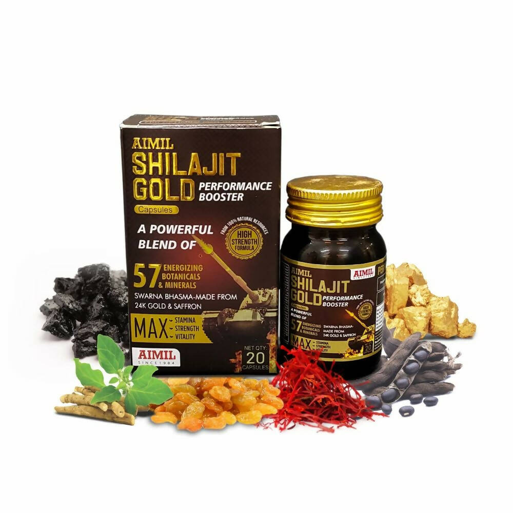 Aimil SJ Gold capsules for performance boosting, showing a bottle of 20 capsules with the label visible.