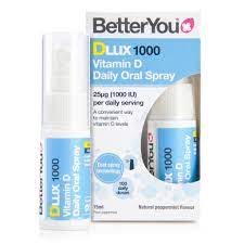 BetterYou Oral Spray Dlux 1000 bottle with nozzle, showing the vitamin D3 supplement packaging and spray mechanism.