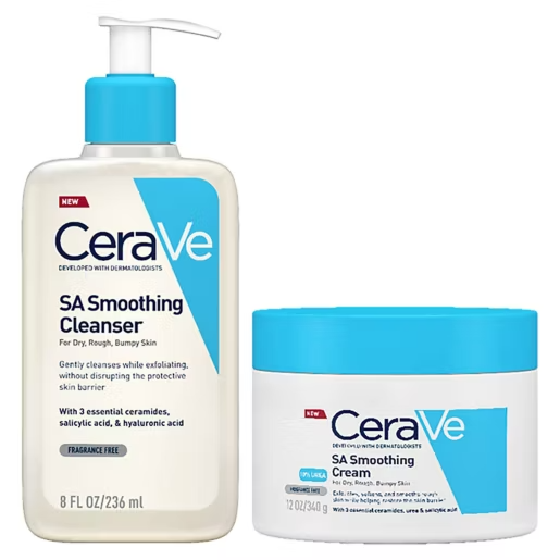 CeraVe Skin Smoothing Duo with moisturizer and cleanser bottles, featuring simple white packaging and blue accents.