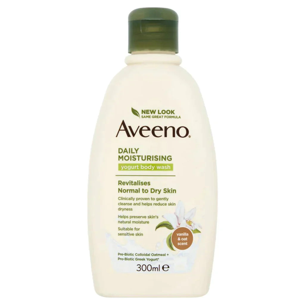 Aveeno Daily Moisturising Vanilla and Oat Body Wash bottle with label and pump dispenser, 300ml, on a white background