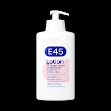 Cured Pharmacy E45 Moisturising Lotion bottle with pump dispenser, creamy texture, and clear label on a white background.